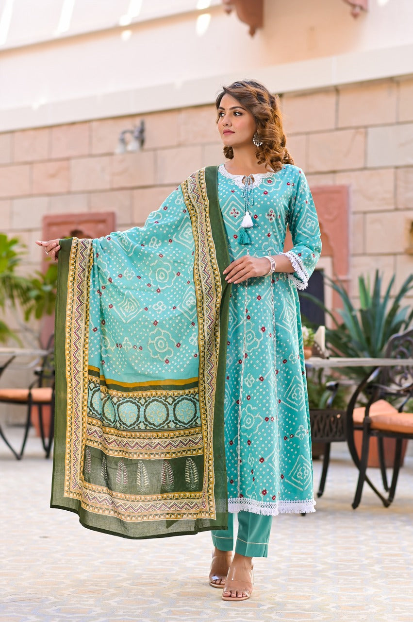 Juniper Women's Teal Cotton Printed Straight Kurta Pant Dupatta Set