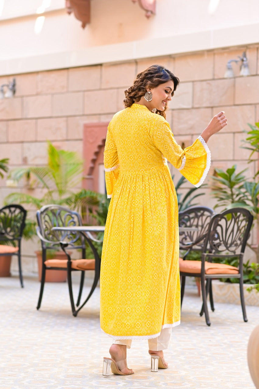 Juniper Women's Yellow Cotton Printed Straight Kurta Pant Dupatta Set