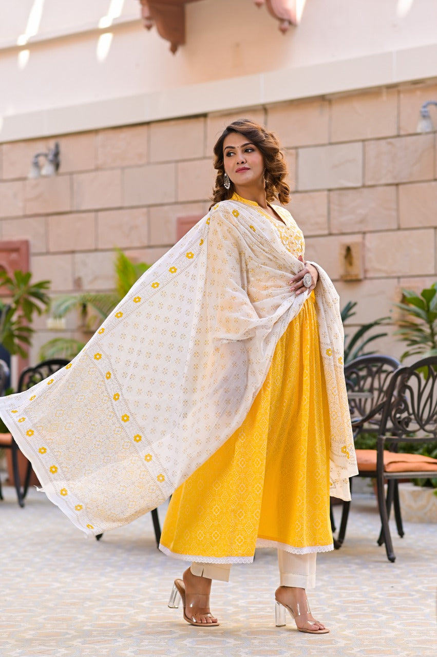 Juniper Women's Yellow Cotton Printed Straight Kurta Pant Dupatta Set