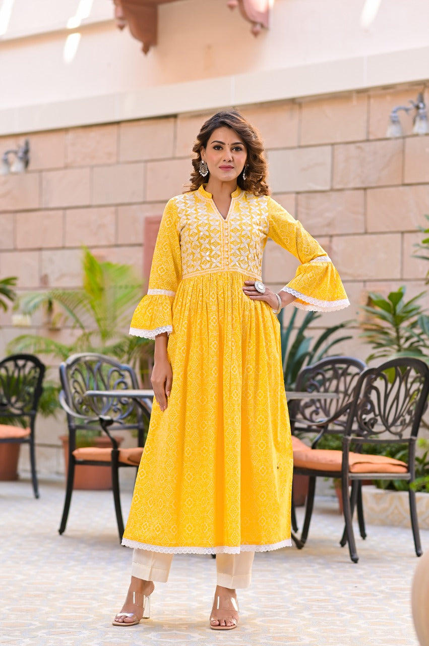 Juniper Women's Yellow Cotton Printed Straight Kurta Pant Dupatta Set