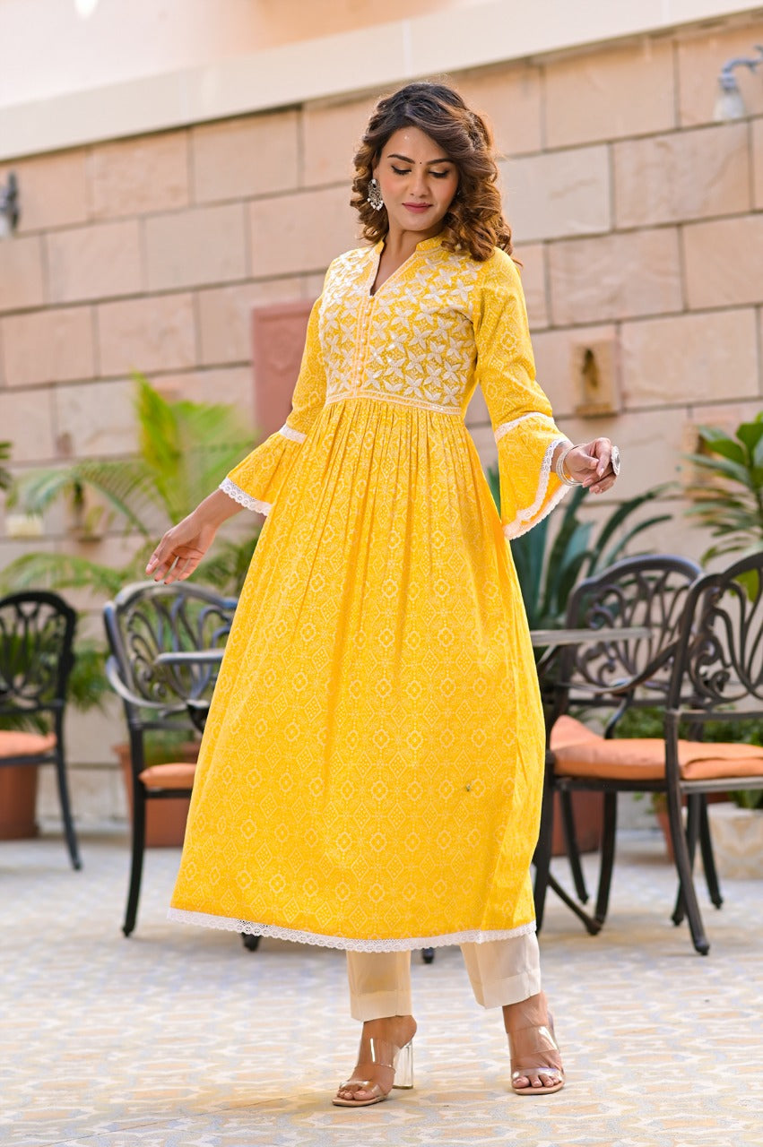 Juniper Women's Yellow Cotton Printed Straight Kurta Pant Dupatta Set