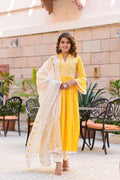 Juniper Women's Yellow Cotton Printed Straight Kurta Pant Dupatta Set