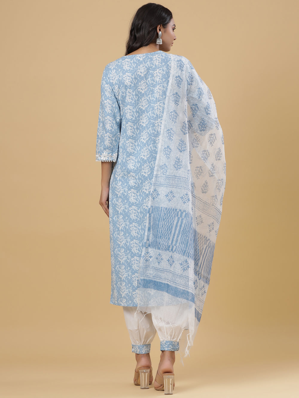 Juniper Women's Sky Blue Cotton Printed Straight Kurta Pant Dupatta Set