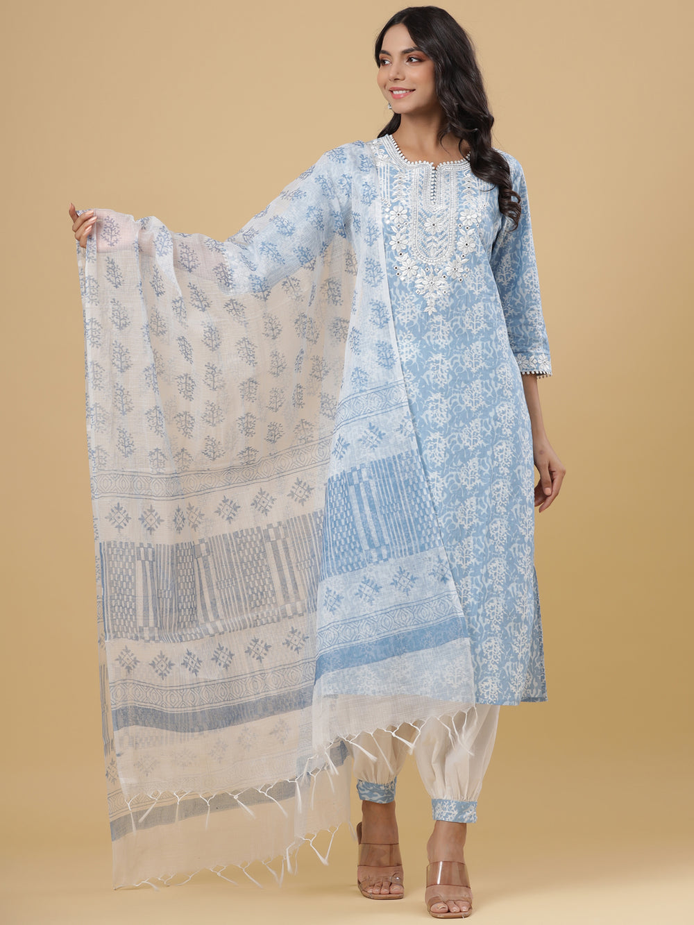 Juniper Women's Sky Blue Cotton Printed Straight Kurta Pant Dupatta Set