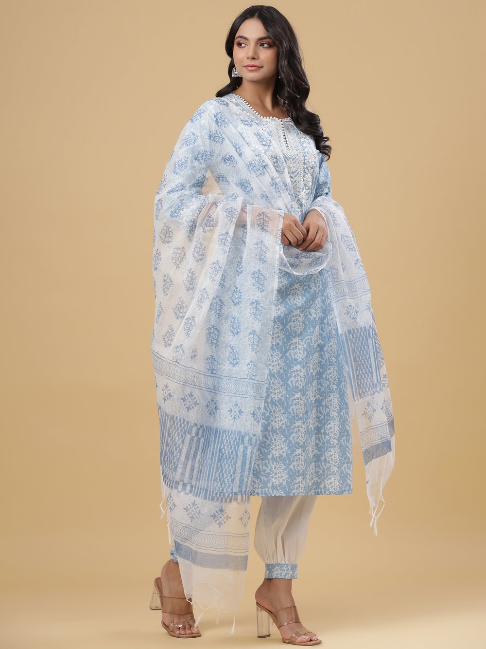 Juniper Women's Sky Blue Cotton Printed Straight Kurta Pant Dupatta Set