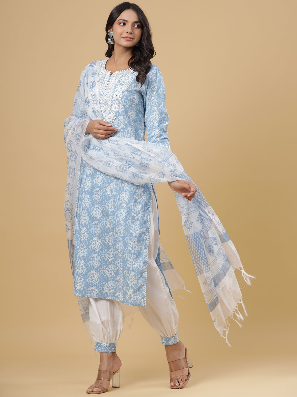 Juniper Women's Sky Blue Cotton Printed Straight Kurta Pant Dupatta Set