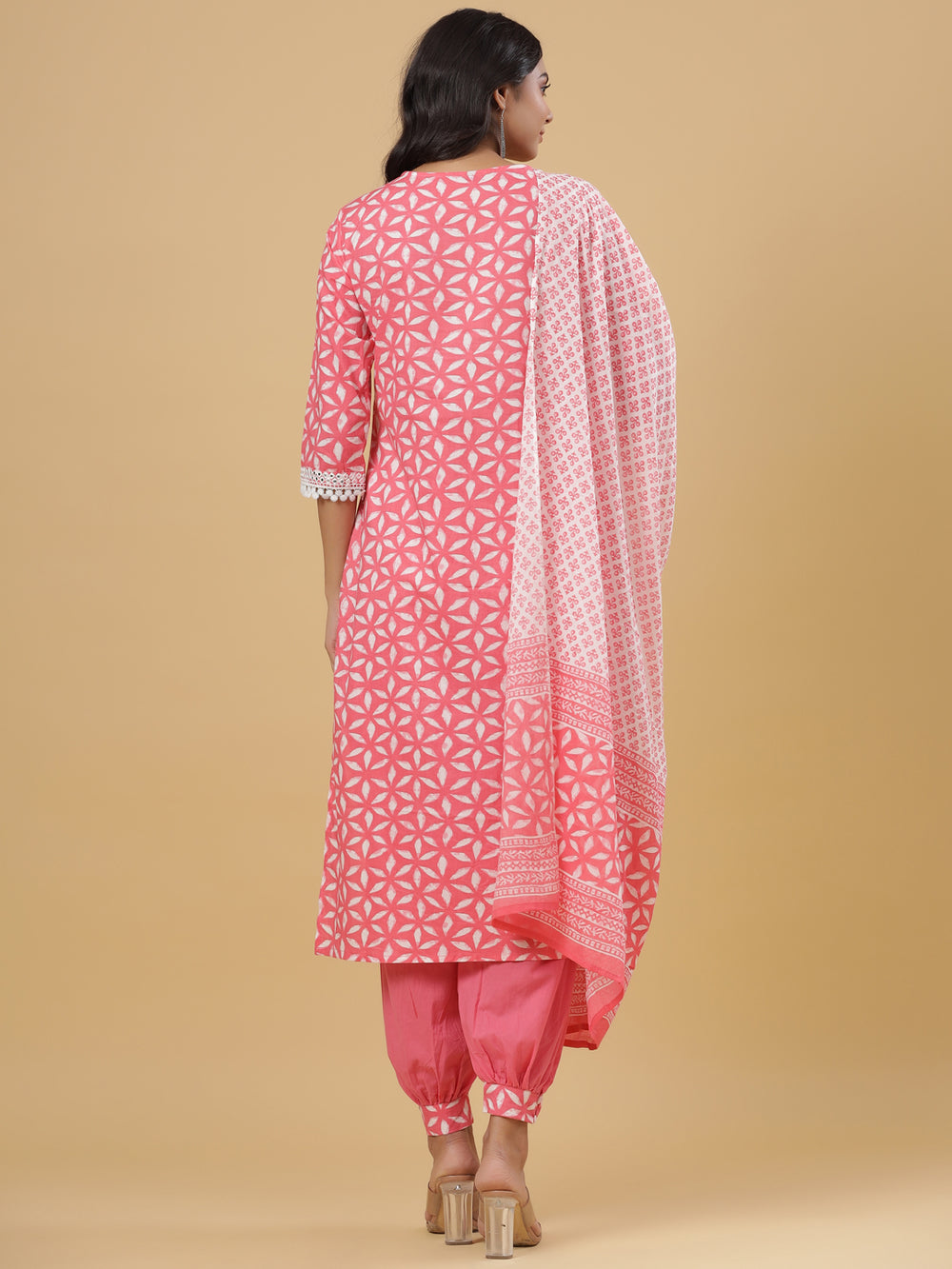 Juniper Women's Pink Cotton Printed Straight Kurta Pant Dupatta Set
