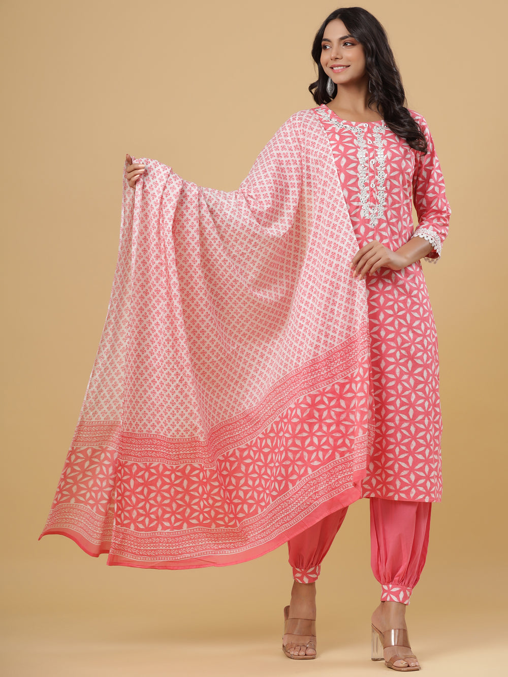 Juniper Women's Pink Cotton Printed Straight Kurta Pant Dupatta Set