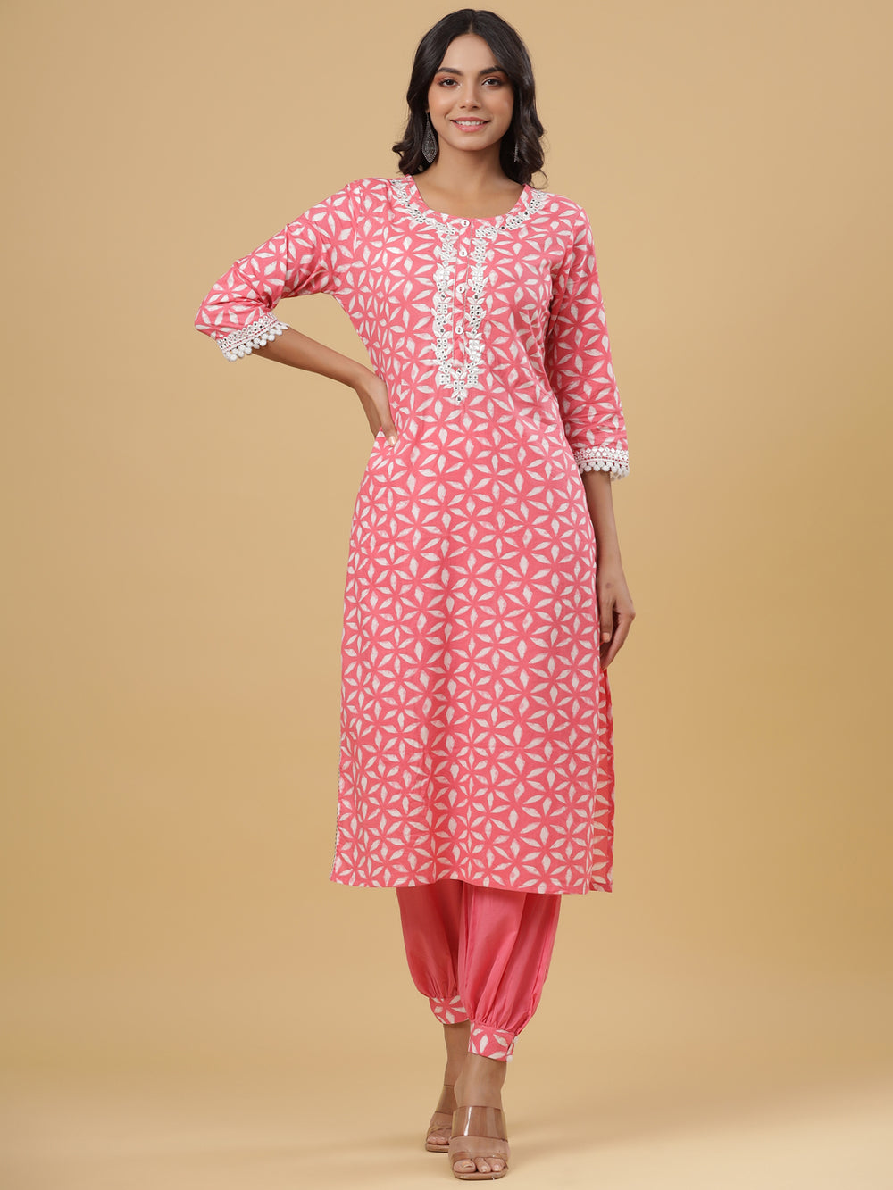 Juniper Women's Pink Cotton Printed Straight Kurta Pant Dupatta Set