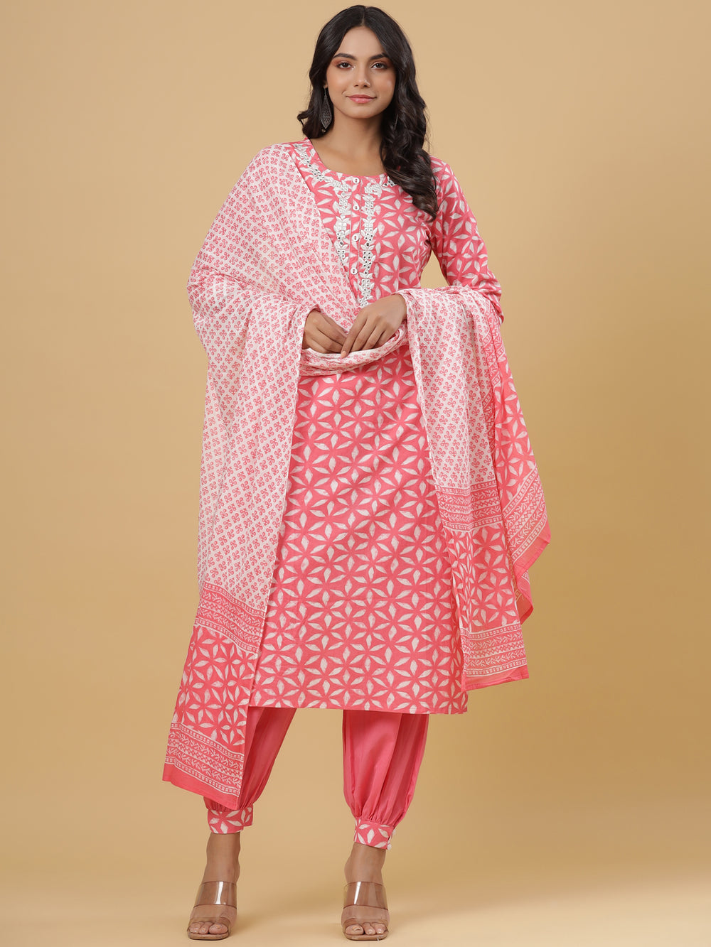 Juniper Women's Pink Cotton Printed Straight Kurta Pant Dupatta Set