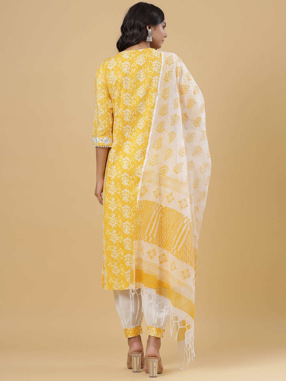 Juniper Women's Yellow Cotton Printed Straight Kurta Pant Dupatta Set