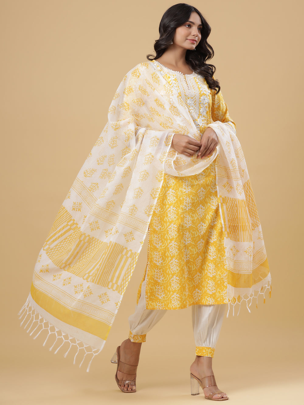 Juniper Women's Yellow Cotton Printed Straight Kurta Pant Dupatta Set