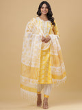 Juniper Women's Yellow Cotton Printed Straight Kurta Pant Dupatta Set