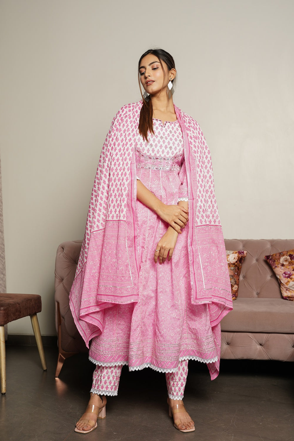 Juniper Women's Pink Cotton Printed Straight Kurta Pant Dupatta Set