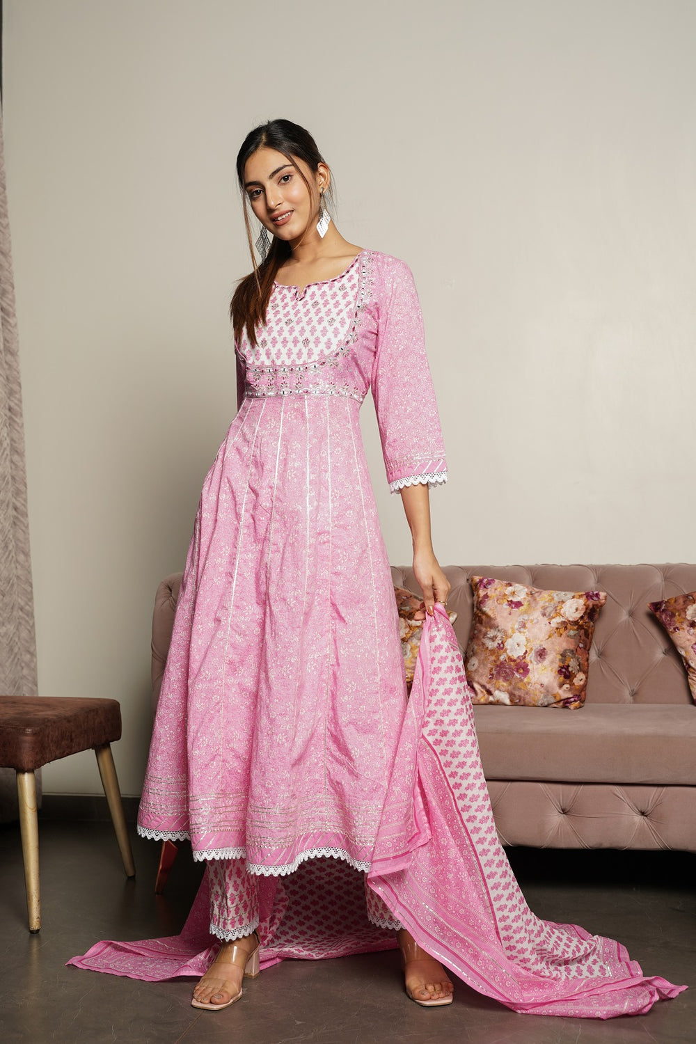 Juniper Women's Pink Cotton Printed Straight Kurta Pant Dupatta Set