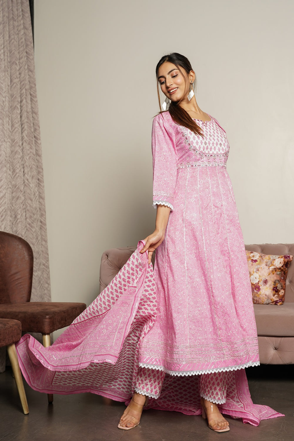 Juniper Women's Pink Cotton Printed Straight Kurta Pant Dupatta Set