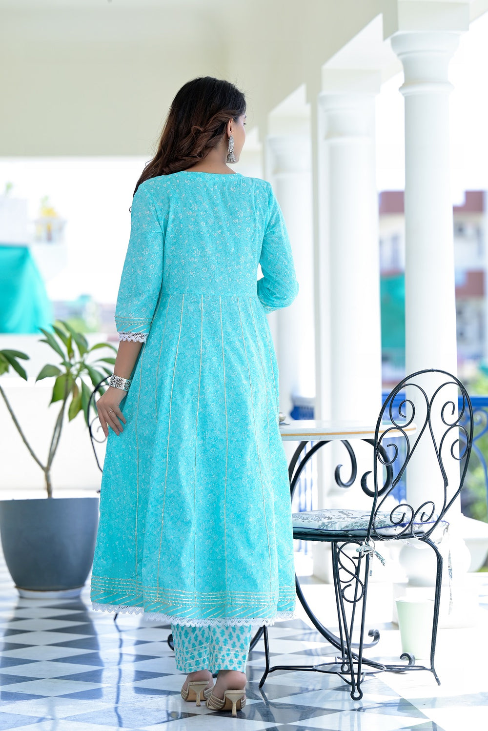 Juniper Women's Sky Blue Cotton Printed Straight Kurta Pant Dupatta Set