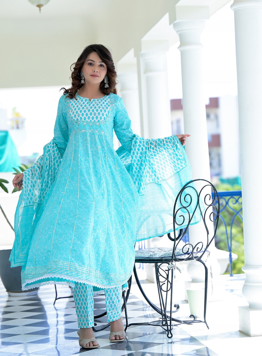 Juniper Women's Sky Blue Cotton Printed Straight Kurta Pant Dupatta Set