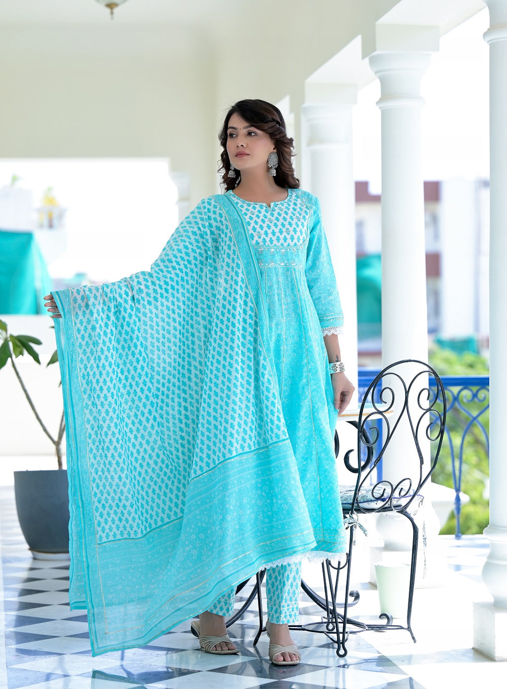 Juniper Women's Sky Blue Cotton Printed Straight Kurta Pant Dupatta Set