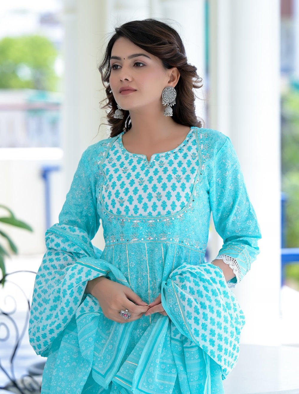 Juniper Women's Sky Blue Cotton Printed Straight Kurta Pant Dupatta Set