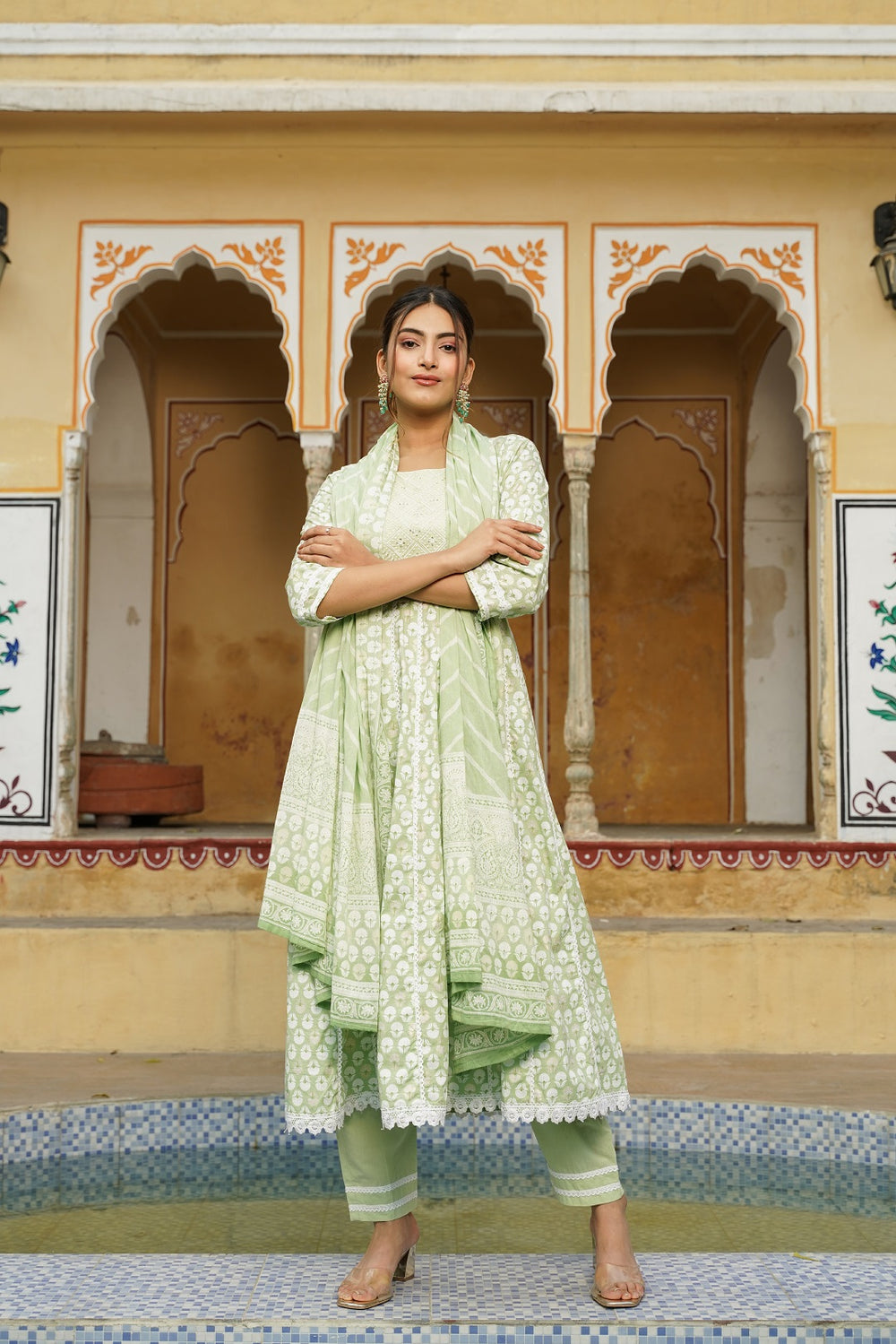 Juniper Women's Sage Green Cotton Printed Straight Kurta Pant Dupatta Set