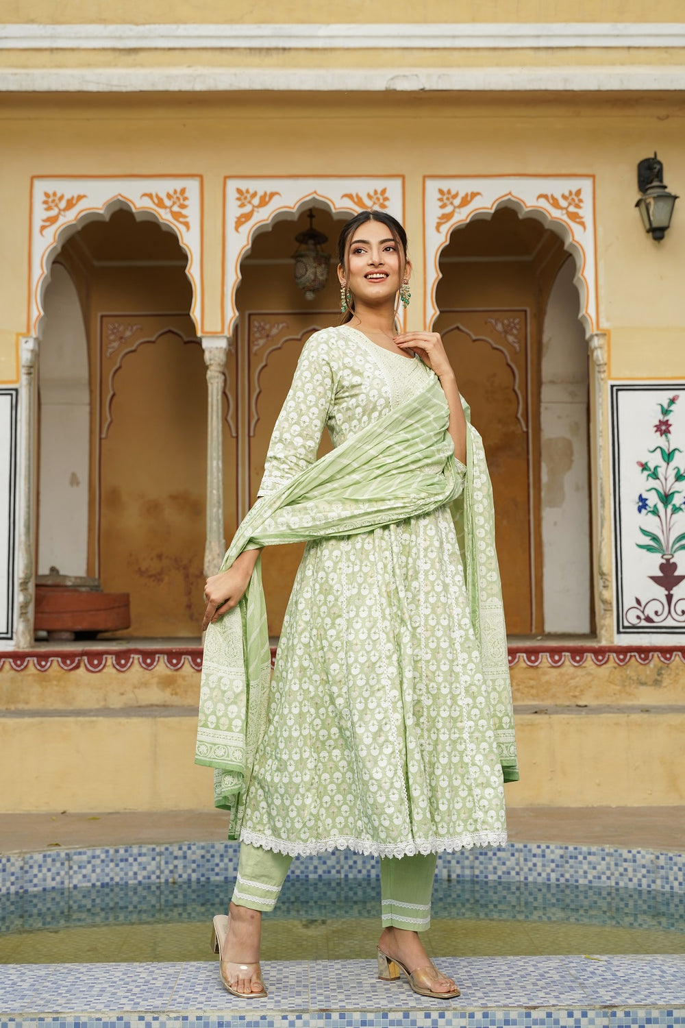 Juniper Women's Sage Green Cotton Printed Straight Kurta Pant Dupatta Set