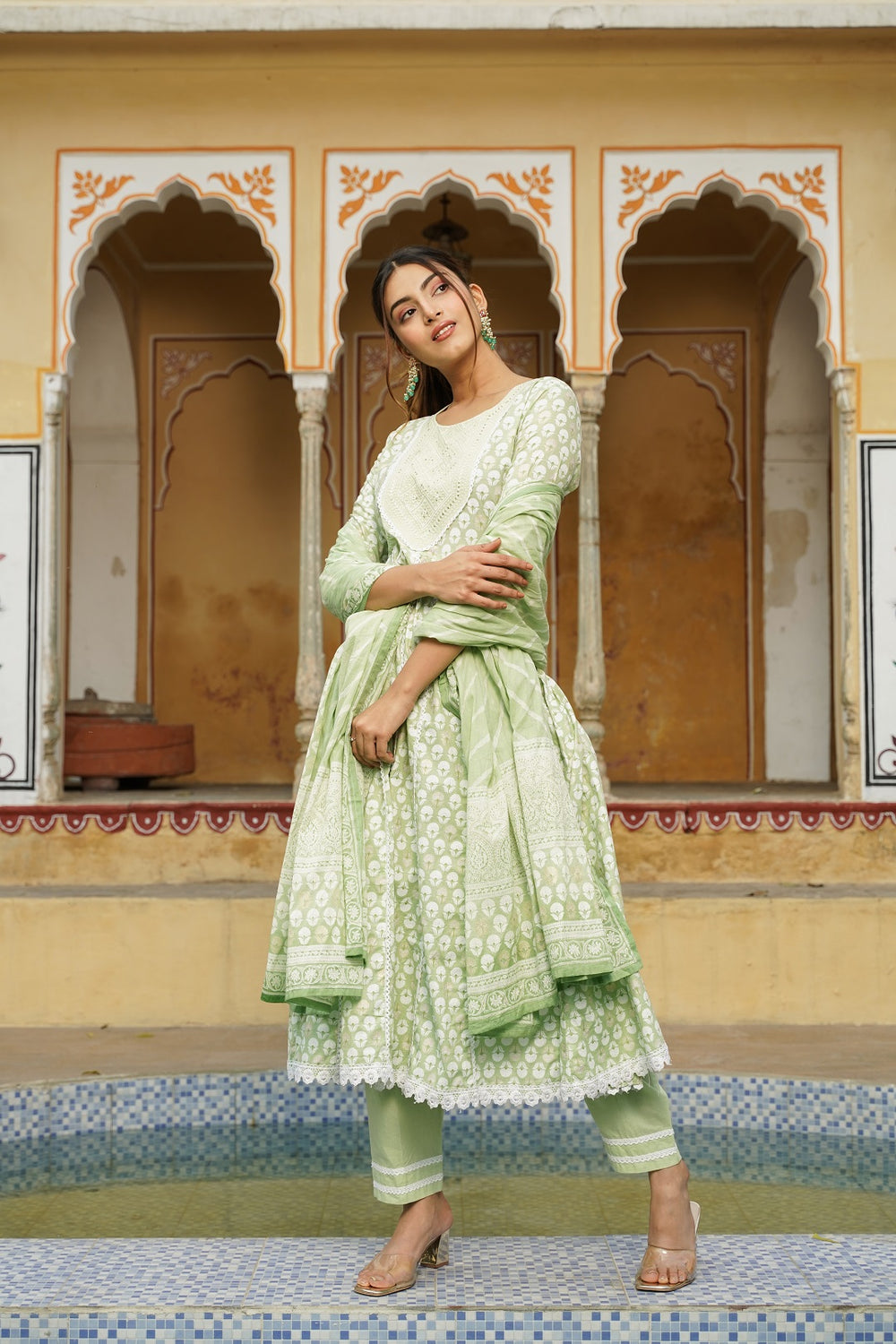 Juniper Women's Sage Green Cotton Printed Straight Kurta Pant Dupatta Set