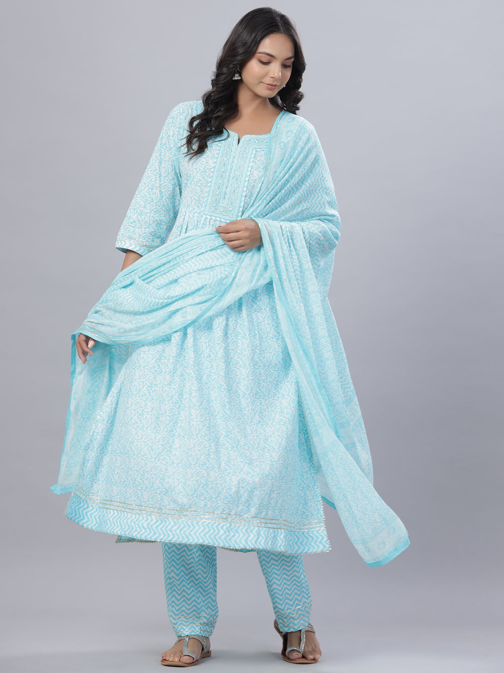Juniper Women's Sky Blue Cotton Printed Straight Kurta Pant Dupatta Set