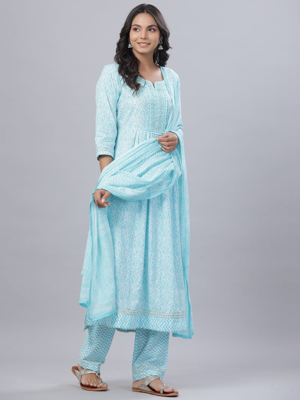 Juniper Women's Sky Blue Cotton Printed Straight Kurta Pant Dupatta Set