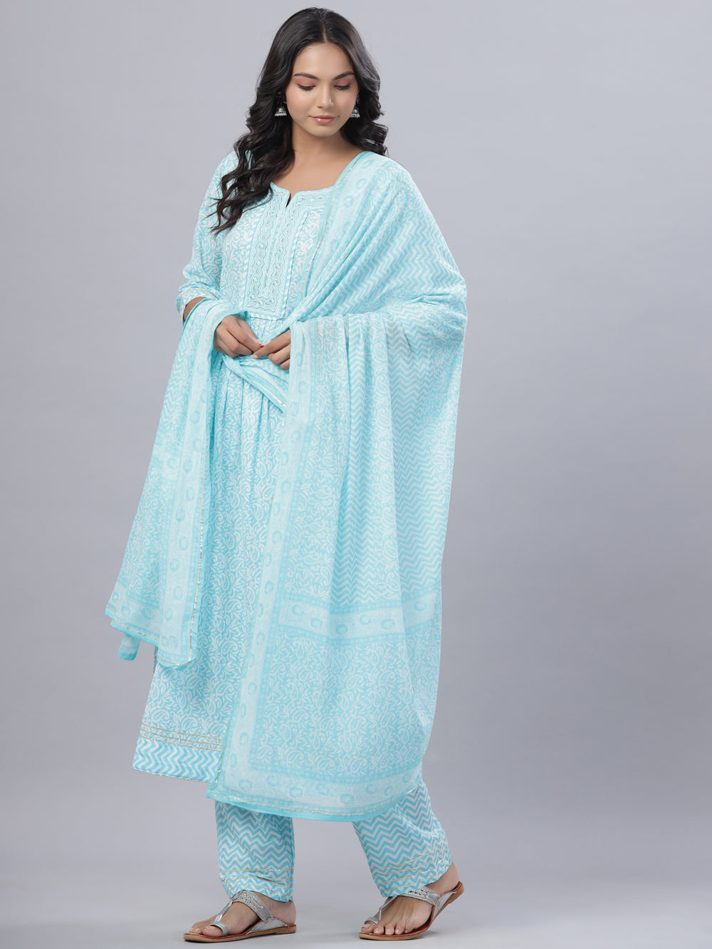 Juniper Women's Sky Blue Cotton Printed Straight Kurta Pant Dupatta Set