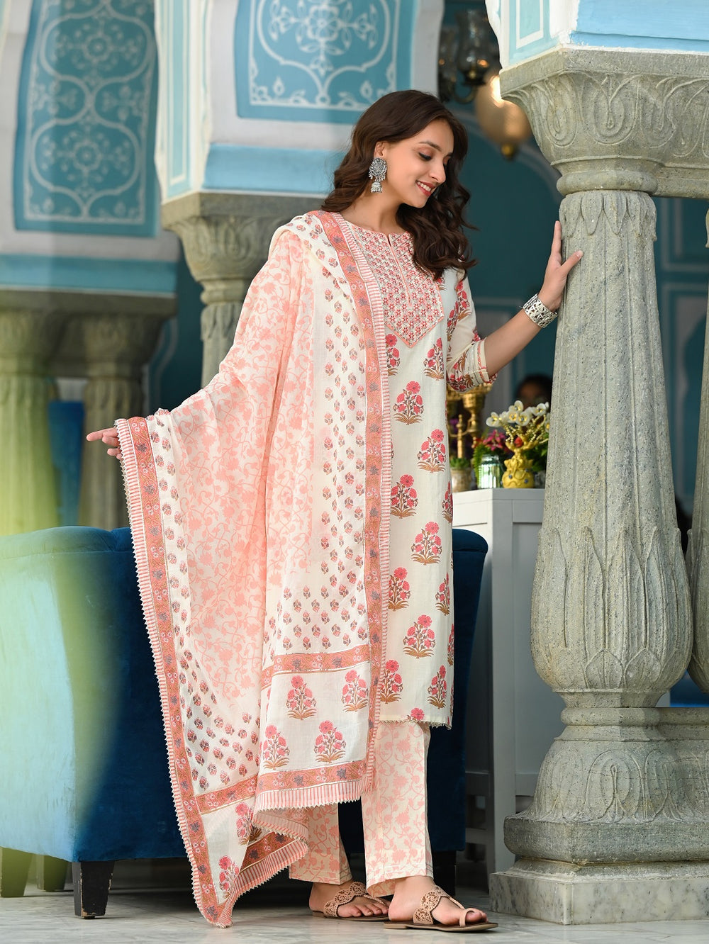 Juniper Women's Beige Cotton Printed Straight Kurta Pant Dupatta Set