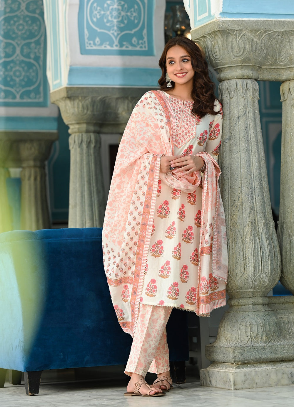 Juniper Women's Beige Cotton Printed Straight Kurta Pant Dupatta Set