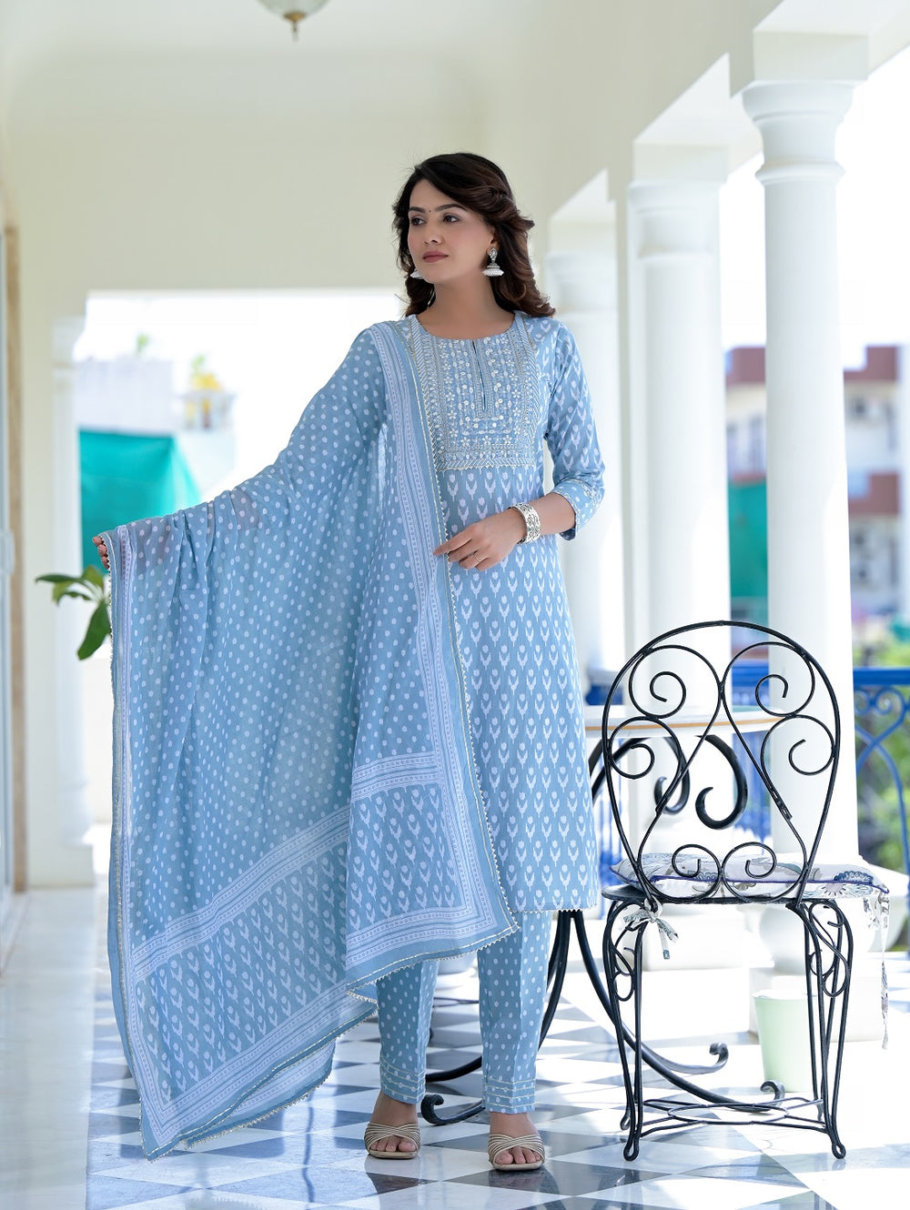 Juniper Women's Grey Cotton Printed Straight Kurta Pant Dupatta Set