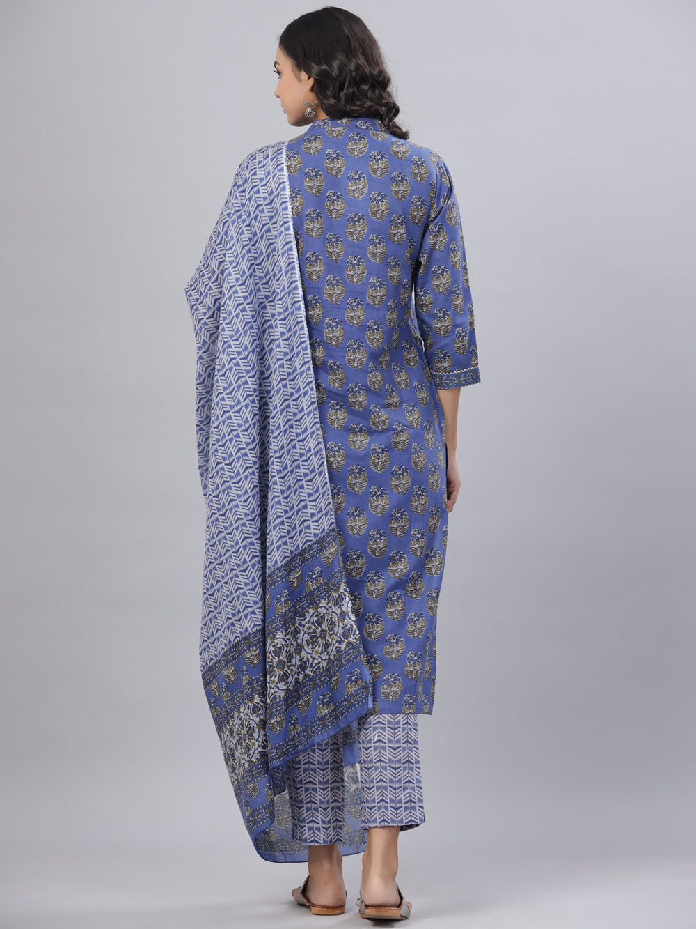 Juniper Women's Royal Blue Cotton Printed Straight Kurta Pant Dupatta Set