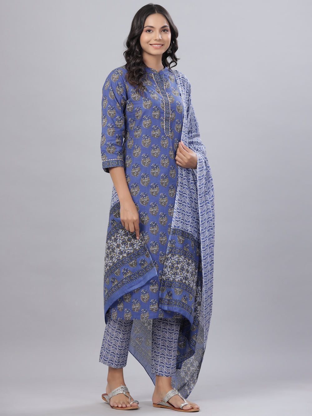 Juniper Women's Royal Blue Cotton Printed Straight Kurta Pant Dupatta Set