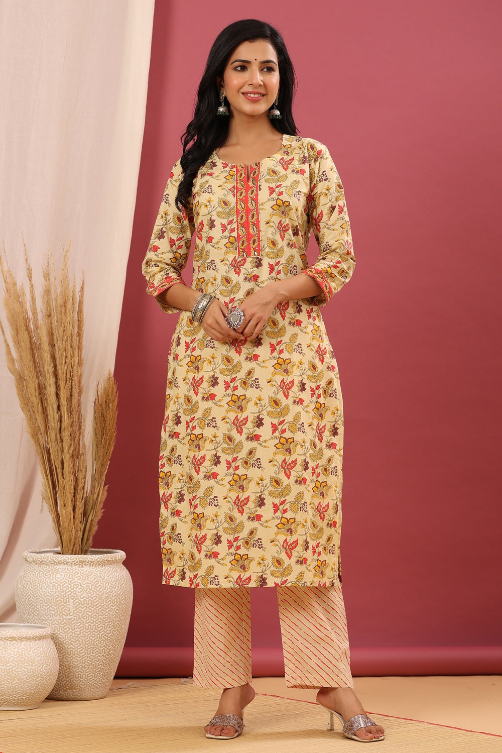 Juniper Women's Beige Cotton Printed Straight Kurta Pant Dupatta Set