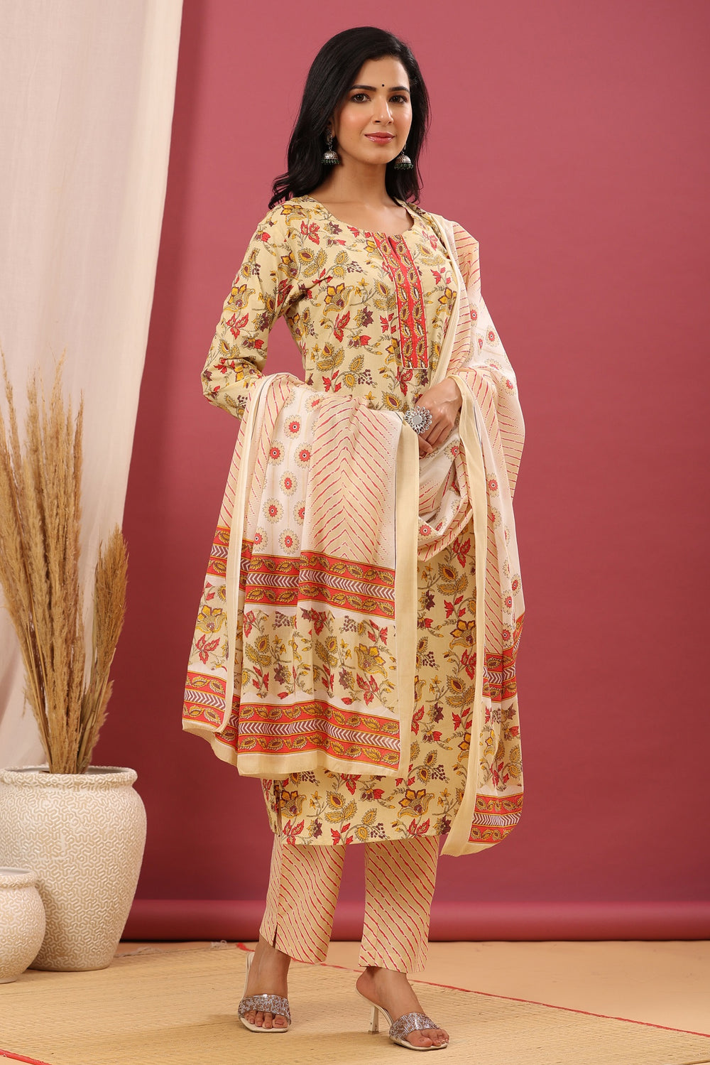 Juniper Women's Beige Cotton Printed Straight Kurta Pant Dupatta Set