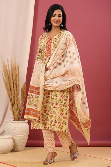 Juniper Women's Beige Cotton Printed Straight Kurta Pant Dupatta Set