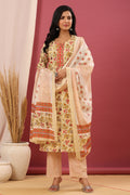 Juniper Women's Beige Cotton Printed Straight Kurta Pant Dupatta Set