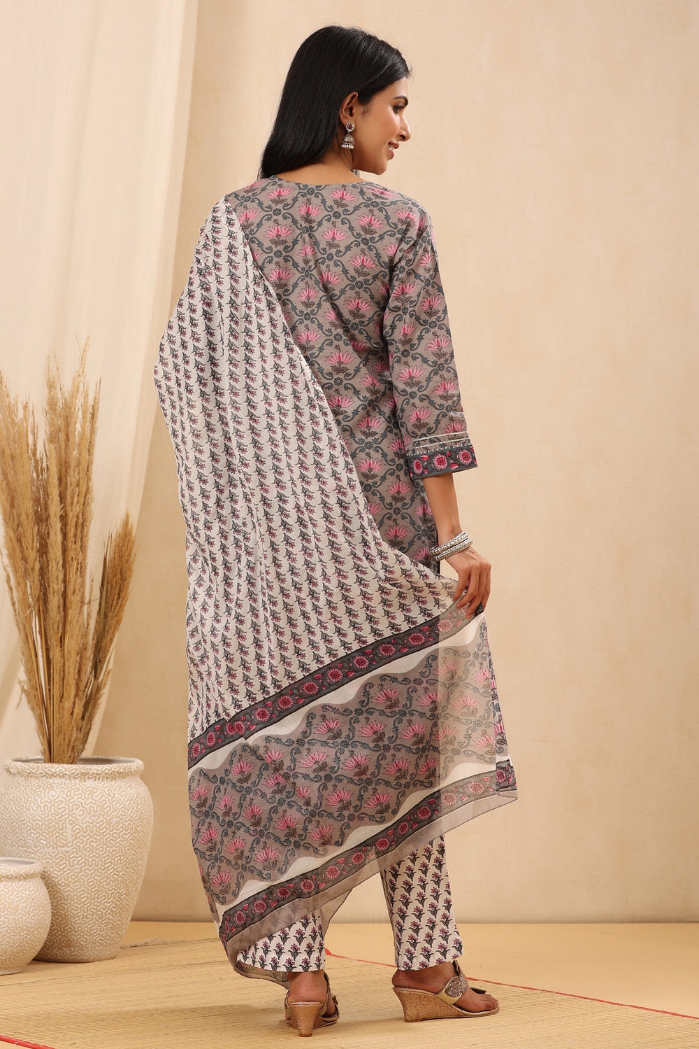 Juniper Women's Grey Cotton Printed Straight Kurta Pant Dupatta Set