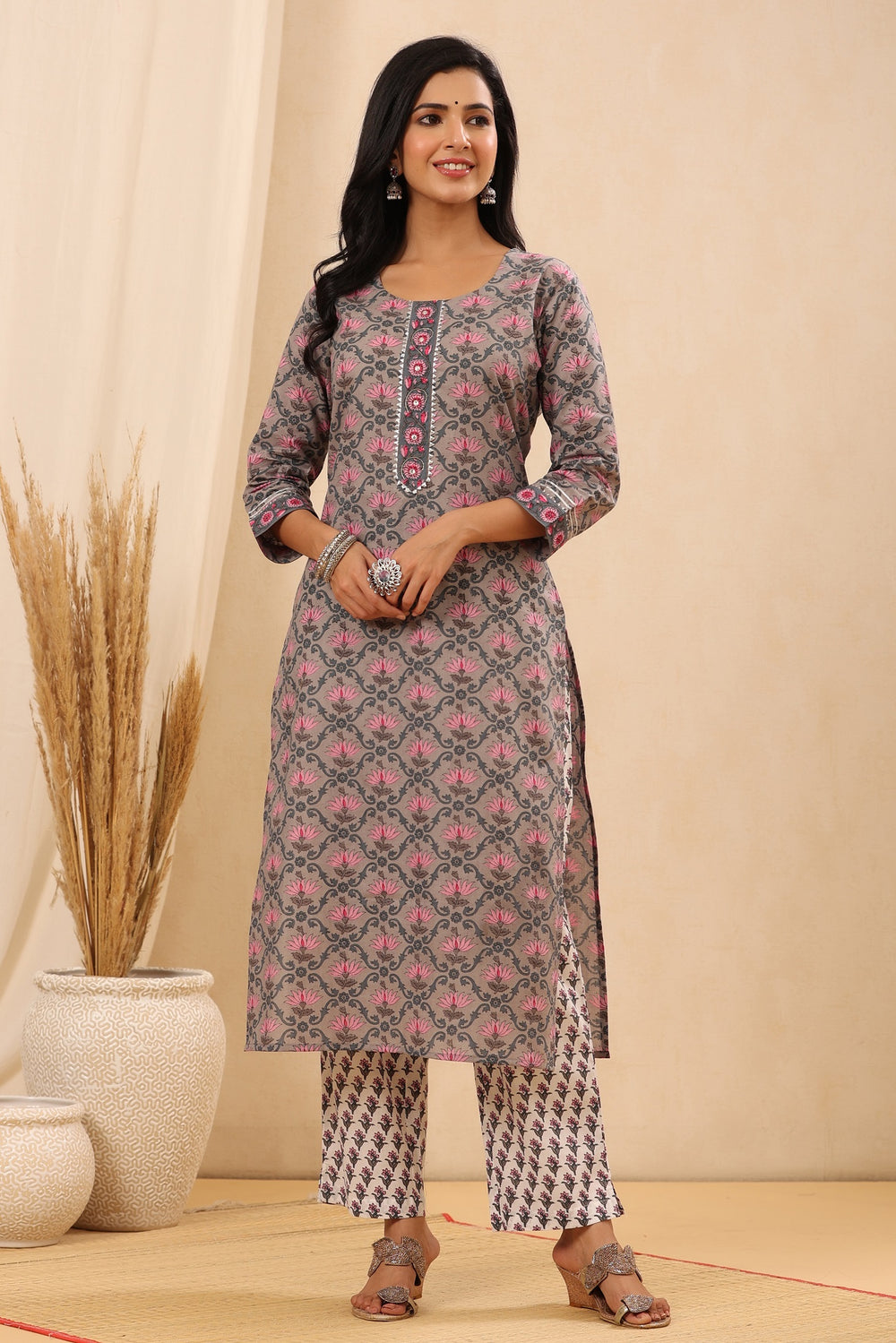 Juniper Women's Grey Cotton Printed Straight Kurta Pant Dupatta Set