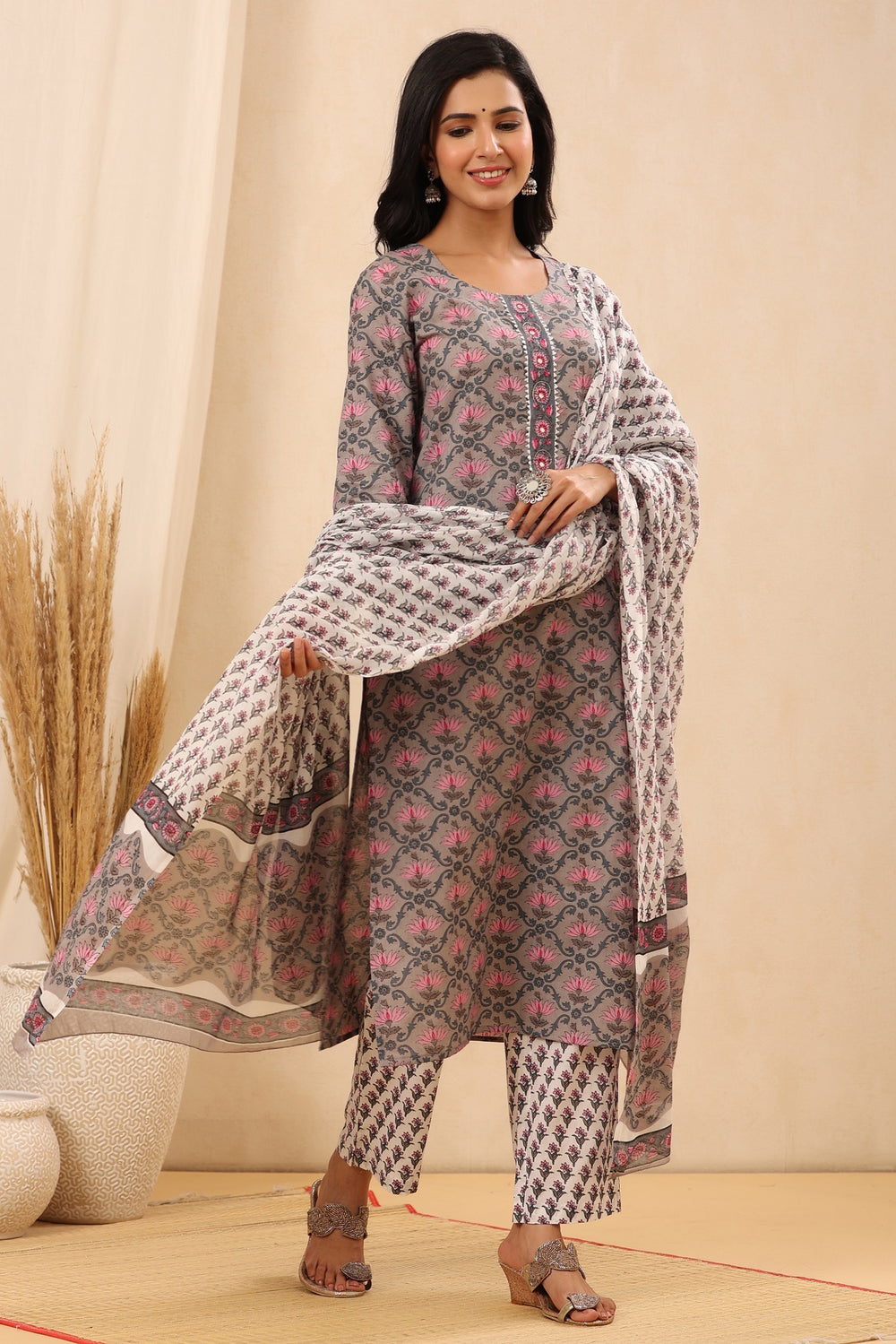Juniper Women's Grey Cotton Printed Straight Kurta Pant Dupatta Set
