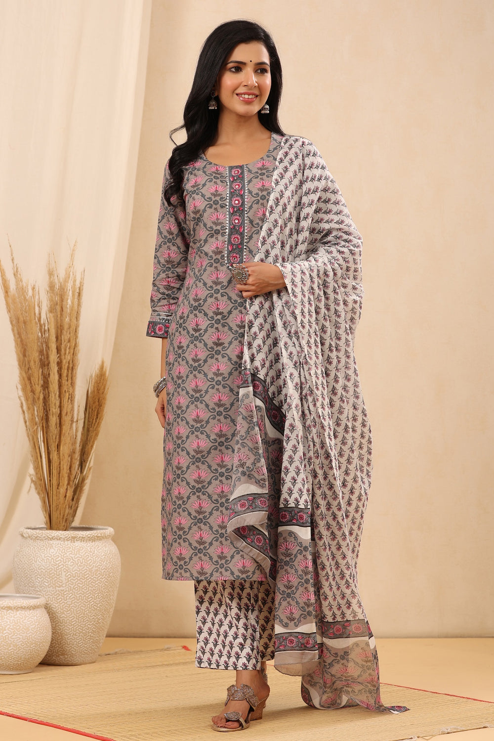 Juniper Women's Grey Cotton Printed Straight Kurta Pant Dupatta Set