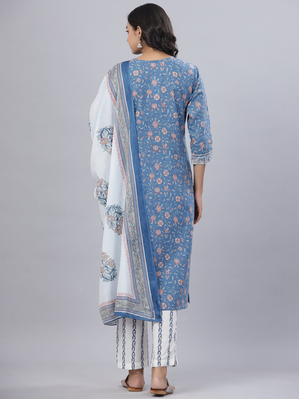 Juniper Women's Royal Blue Cotton Printed Straight Kurta Pant Dupatta Set