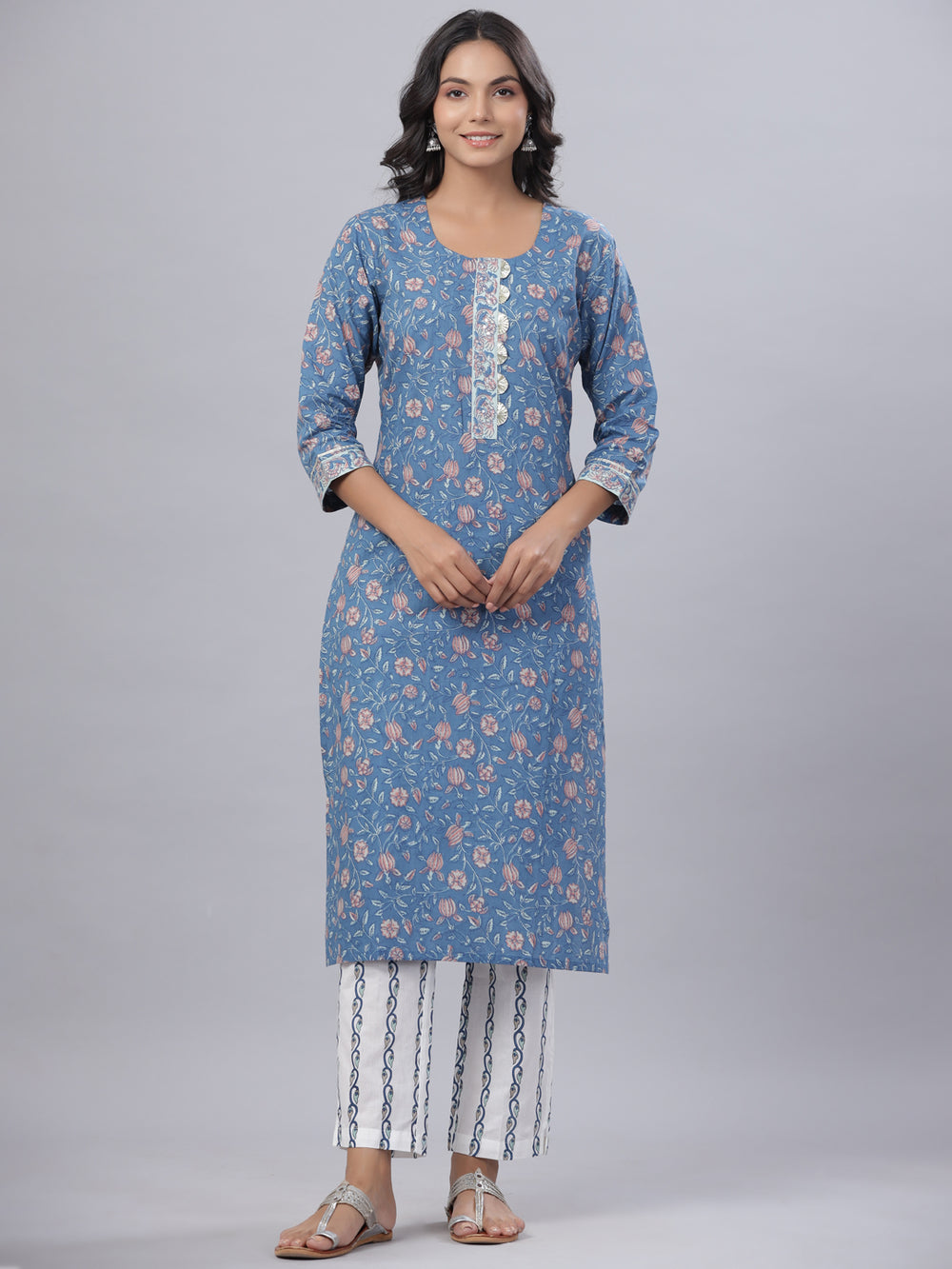 Juniper Women's Royal Blue Cotton Printed Straight Kurta Pant Dupatta Set