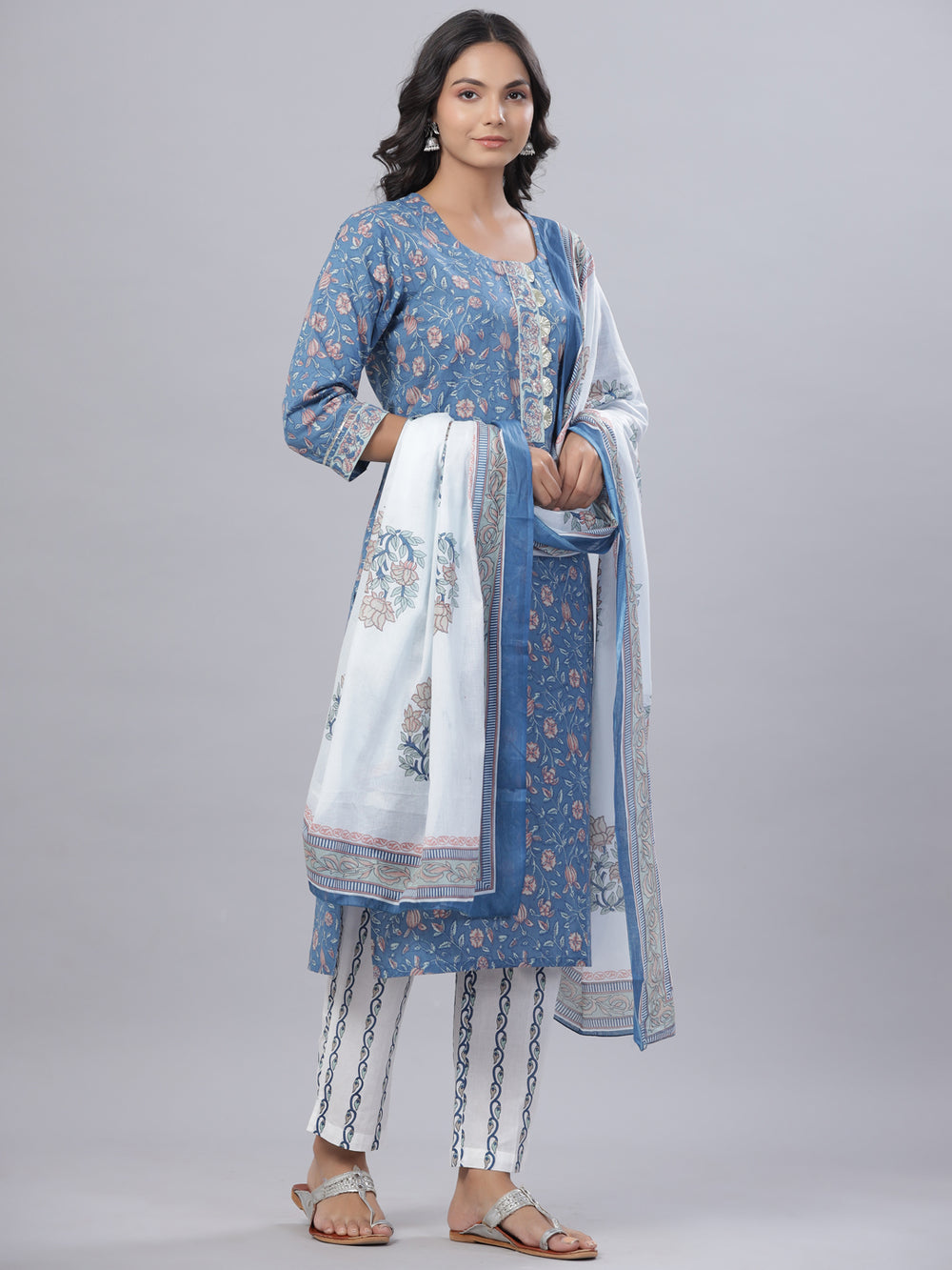 Juniper Women's Royal Blue Cotton Printed Straight Kurta Pant Dupatta Set