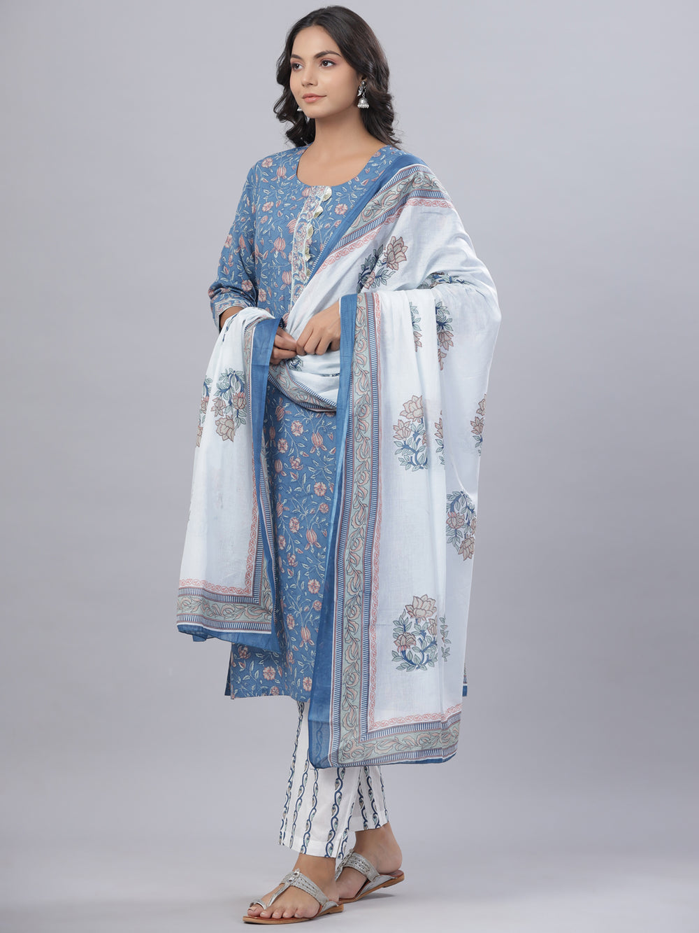 Juniper Women's Royal Blue Cotton Printed Straight Kurta Pant Dupatta Set