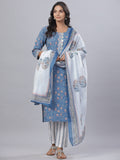 Juniper Women's Royal Blue Cotton Printed Straight Kurta Pant Dupatta Set