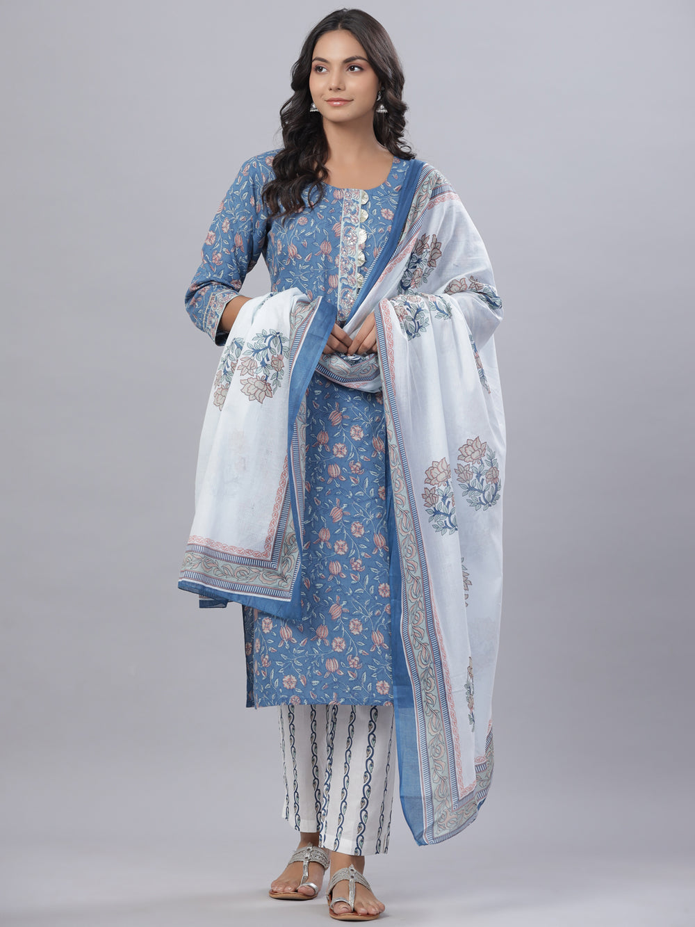 Juniper Women's Royal Blue Cotton Printed Straight Kurta Pant Dupatta Set
