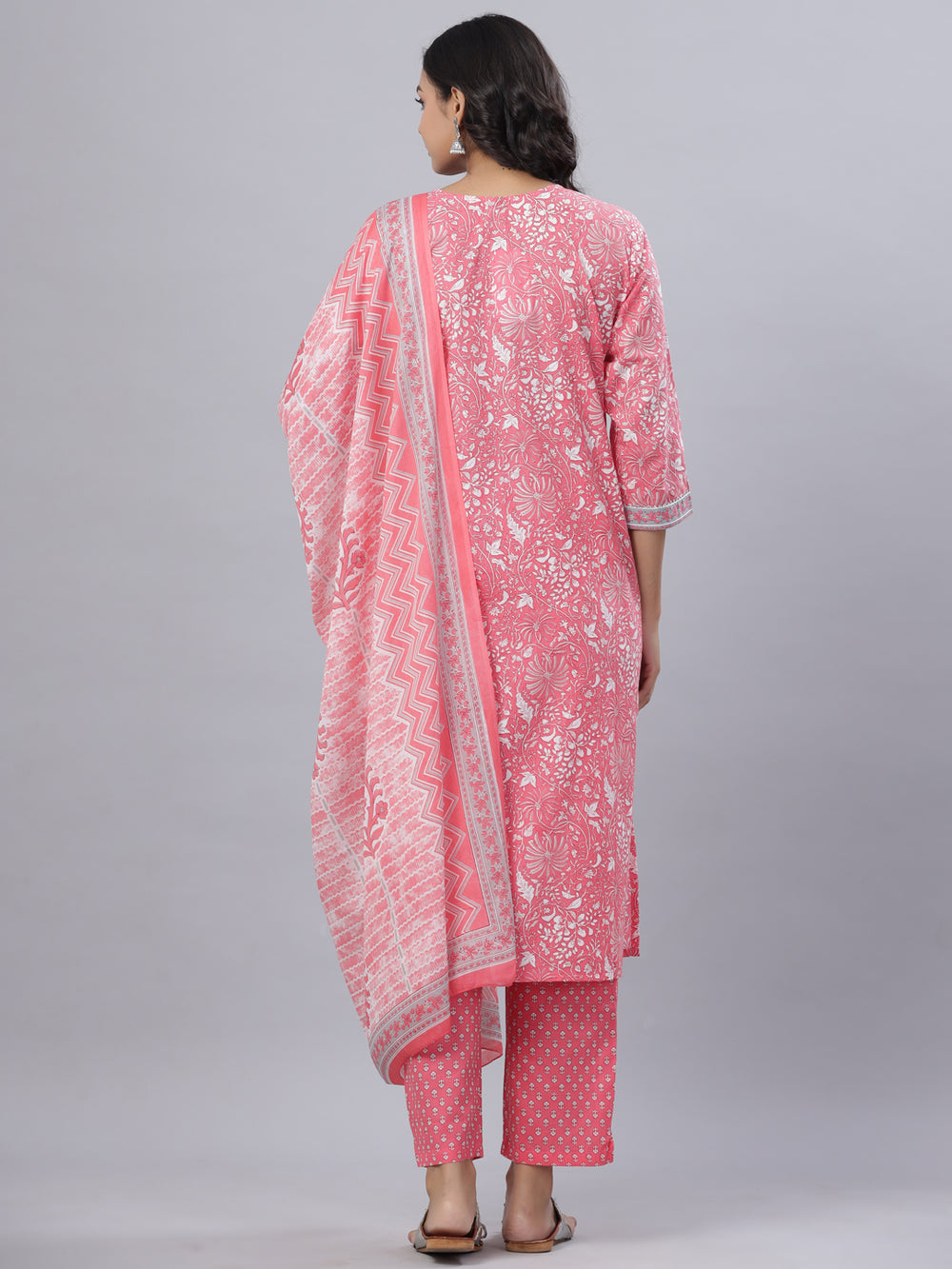 Juniper Women's Pink Cotton Printed Straight Kurta Pant Dupatta Set
